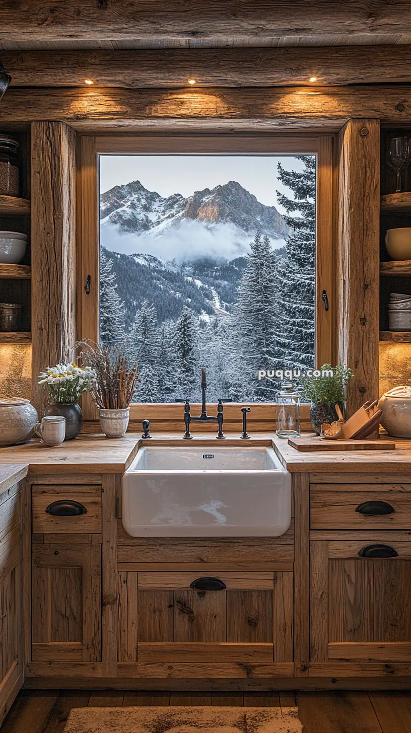 Rustic wooden kitchen with a farmhouse sink, overlooking a snowy mountain landscape through a large window.