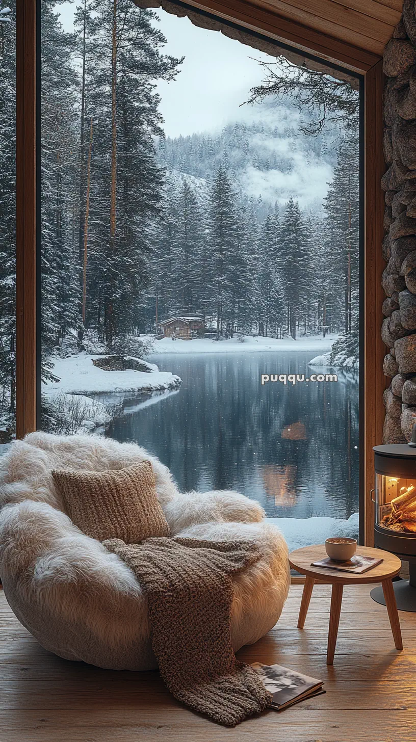 Cozy interior with a fluffy chair, blanket, and small table beside a fireplace, overlooking a snowy forest and lake through large windows.