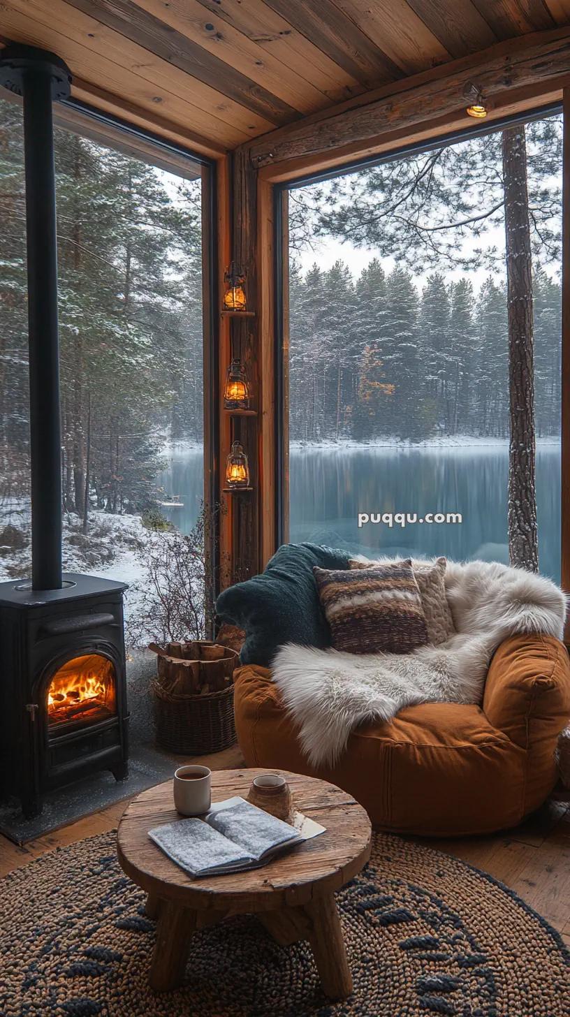 Cozy room with a wood-burning stove, fluffy armchair, and rustic table with a book and mugs, overlooking a snowy forest and lake.