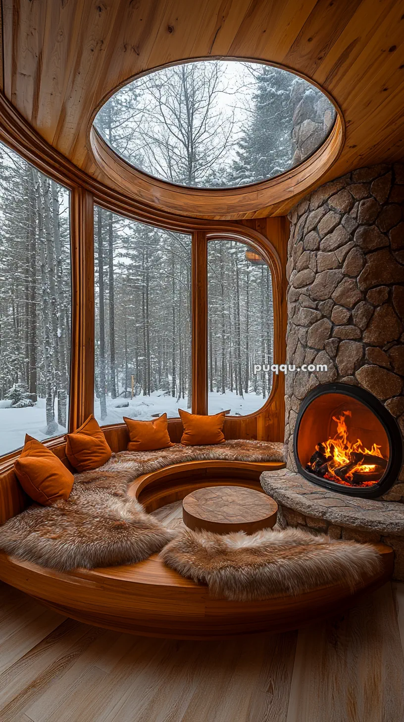 Cozy circular wooden room with a stone fireplace and large windows overlooking a snowy forest.