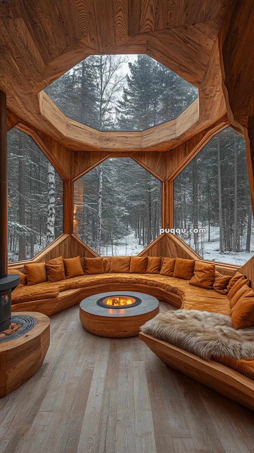 Cozy wooden interior with a circular sofa, central fire pit, and large windows overlooking a snowy forest.