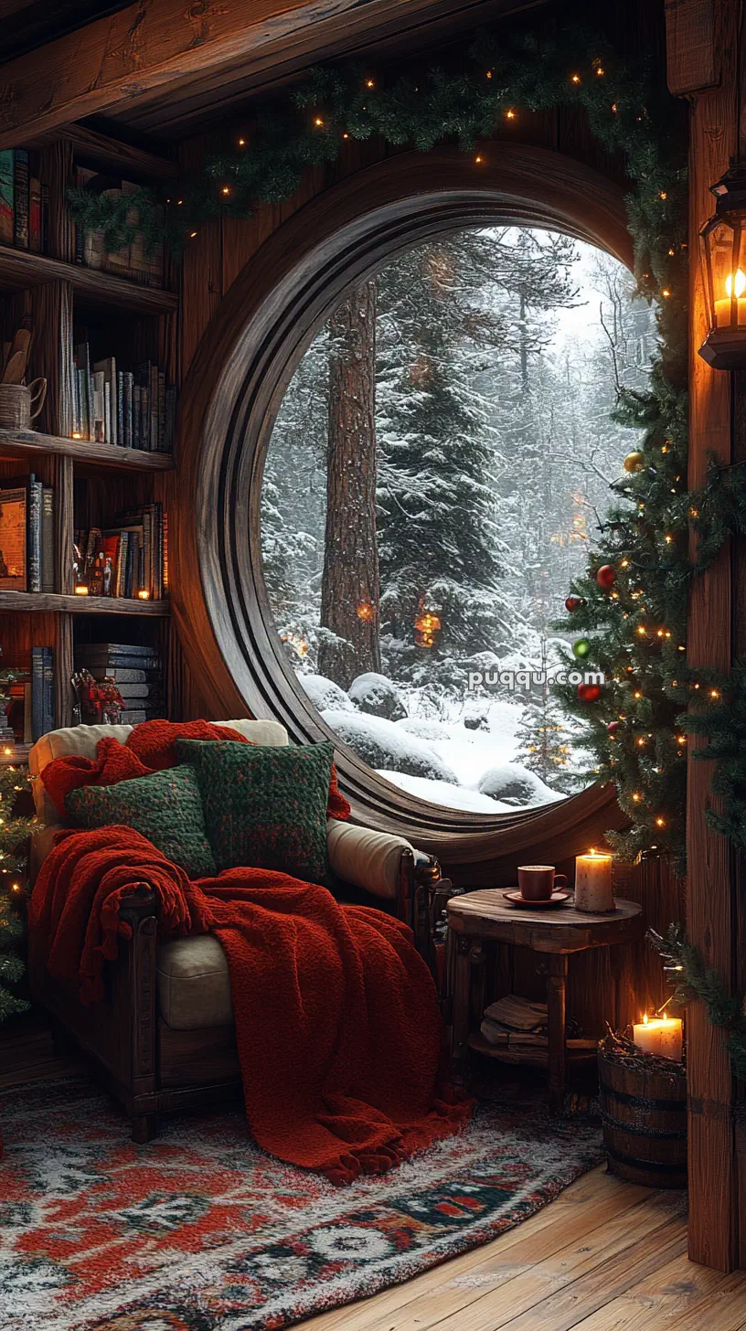 Cozy room with a large round window showcasing a snowy forest, decorated with Christmas lights and greenery. An armchair with red and green cushions, a blanket, and a small table with candles complete the inviting scene.