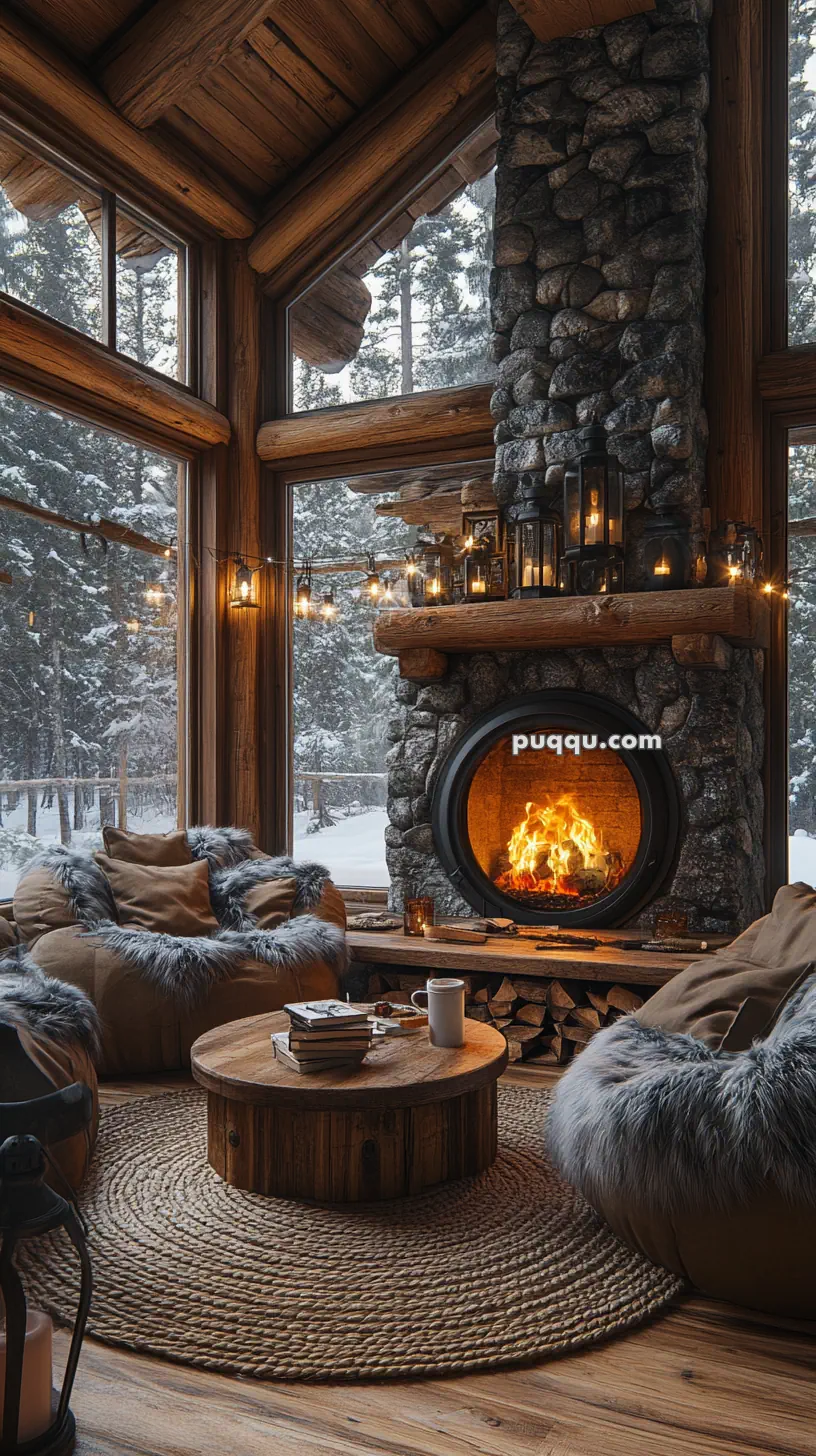 Cozy cabin interior with a stone fireplace, fur-covered chairs, a wooden coffee table, and large windows overlooking a snowy forest.