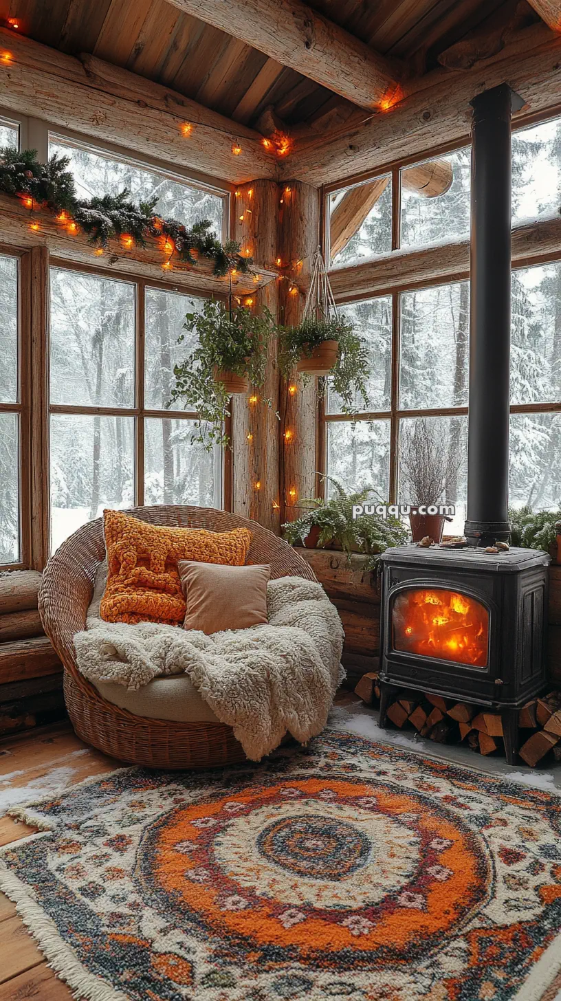 Cozy log cabin interior with a wicker chair, cushions, a soft blanket, hanging plants, a wood-burning stove, and a patterned rug, surrounded by snowy windows and string lights.