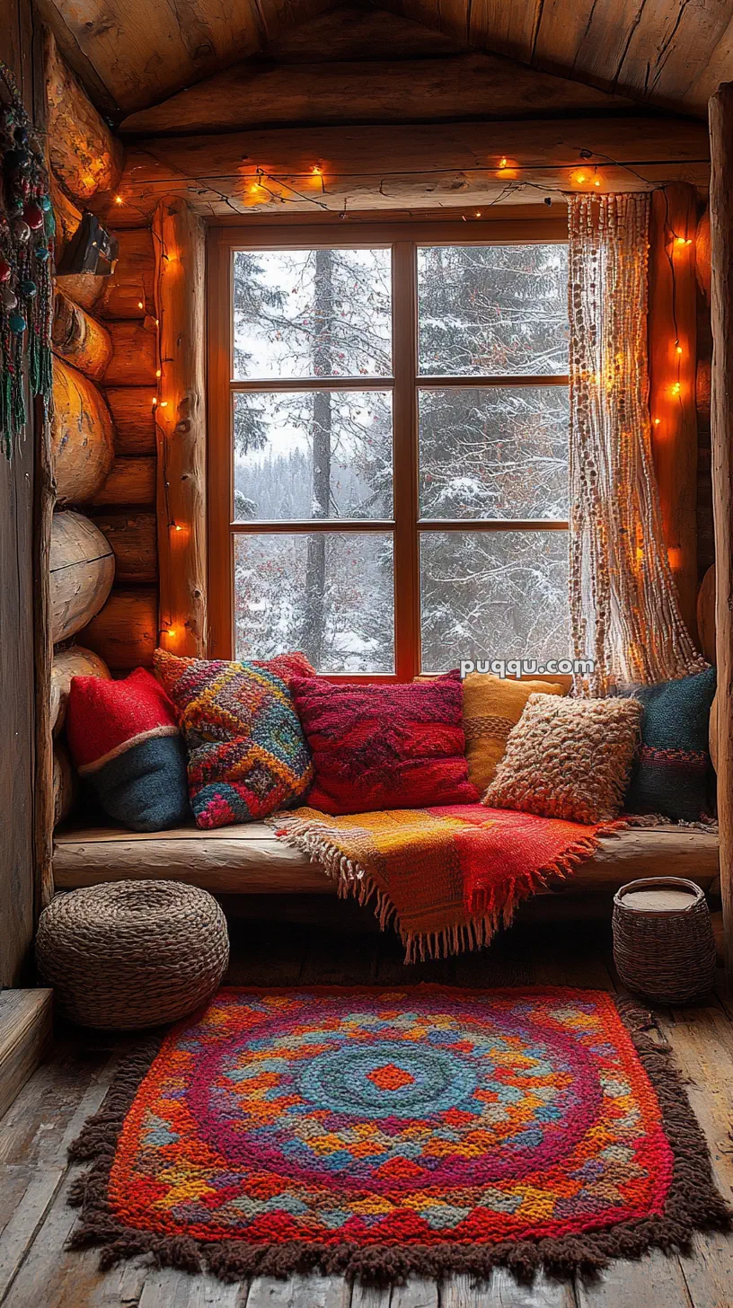 Cozy cabin nook with colorful cushions, a vibrant rug, and glowing string lights by a window overlooking snowy trees.