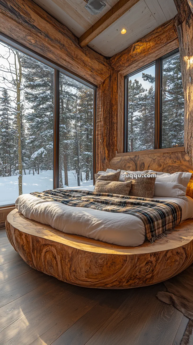 Cozy bedroom with a round wooden bed, plaid blanket, and large windows overlooking a snowy forest.