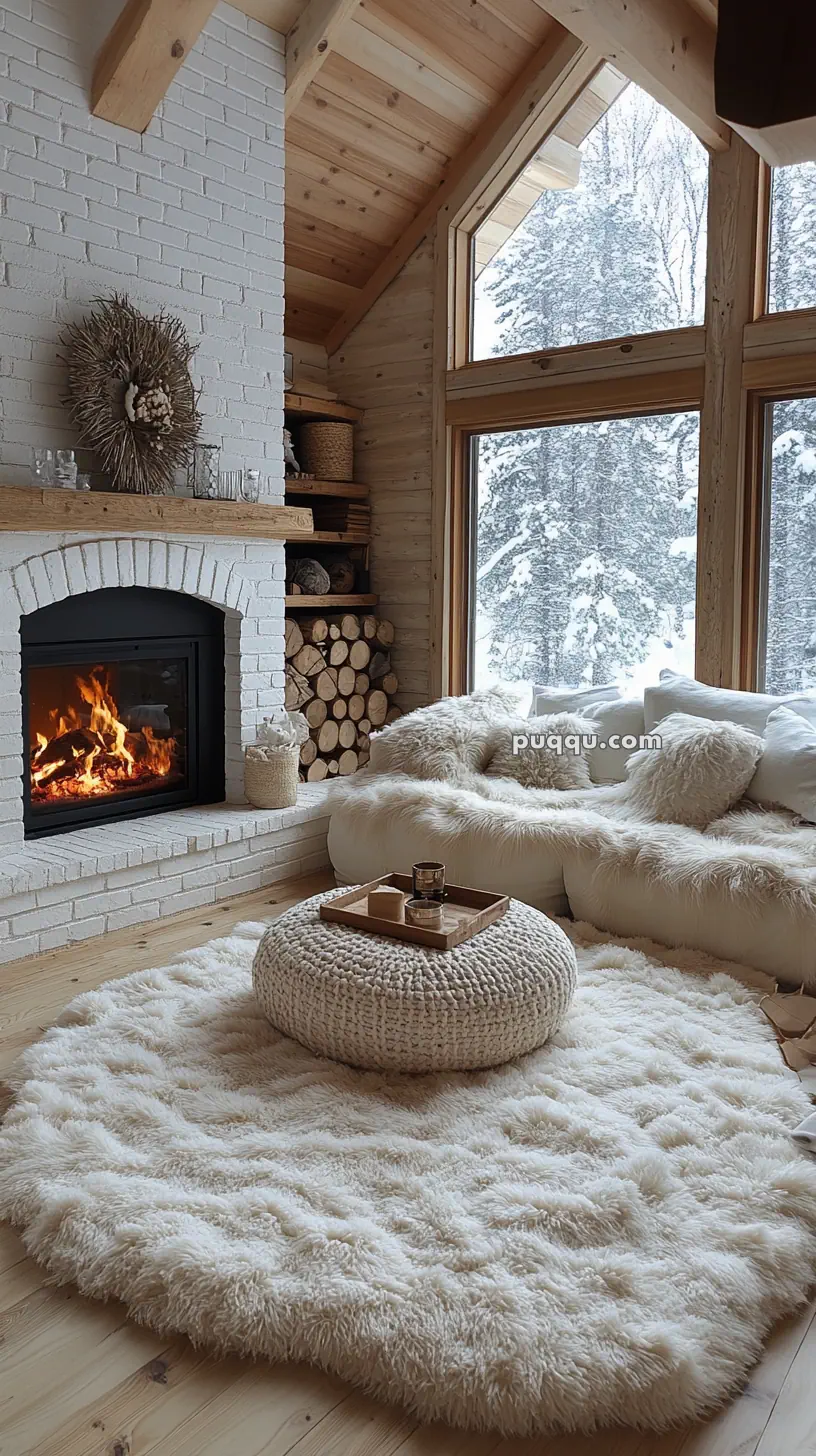 Cozy living room with a roaring fireplace, plush seating, and a fluffy rug, overlooking a snowy landscape through large windows.