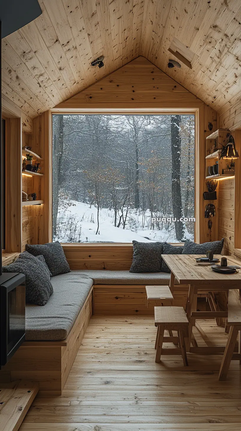 Cozy wooden cabin interior with large window overlooking snowy forest, featuring built-in seating, a wooden table, and shelves.