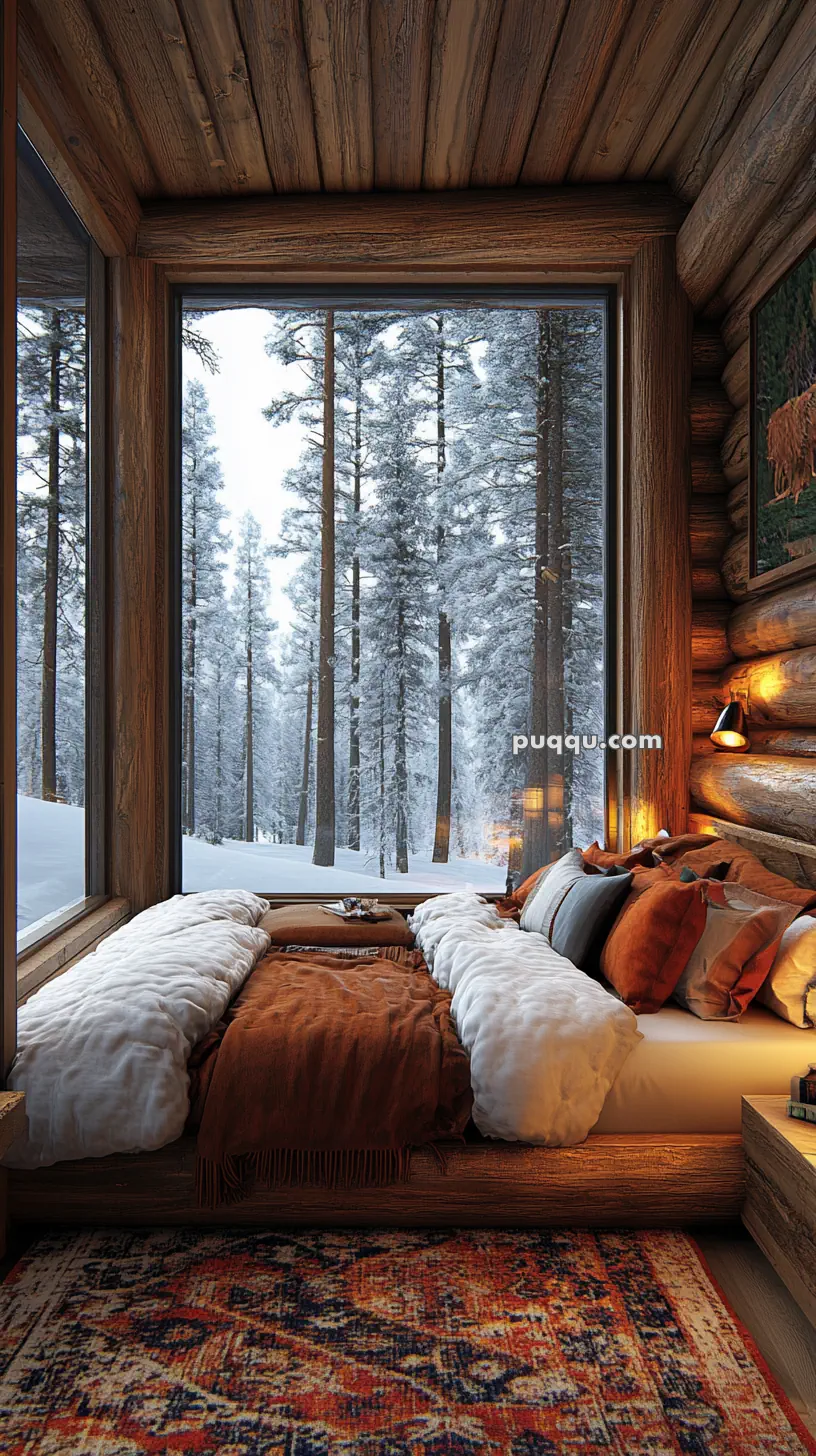 Cozy log cabin bedroom with a large window overlooking a snowy forest, featuring a bed with warm blankets and cushions, and a colorful rug.