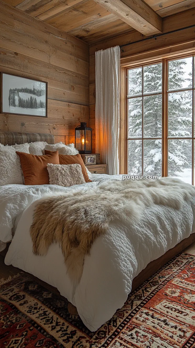 Cozy rustic bedroom with wooden walls, a large window with snowy view, and a bed adorned with fluffy pillows and a fur throw.