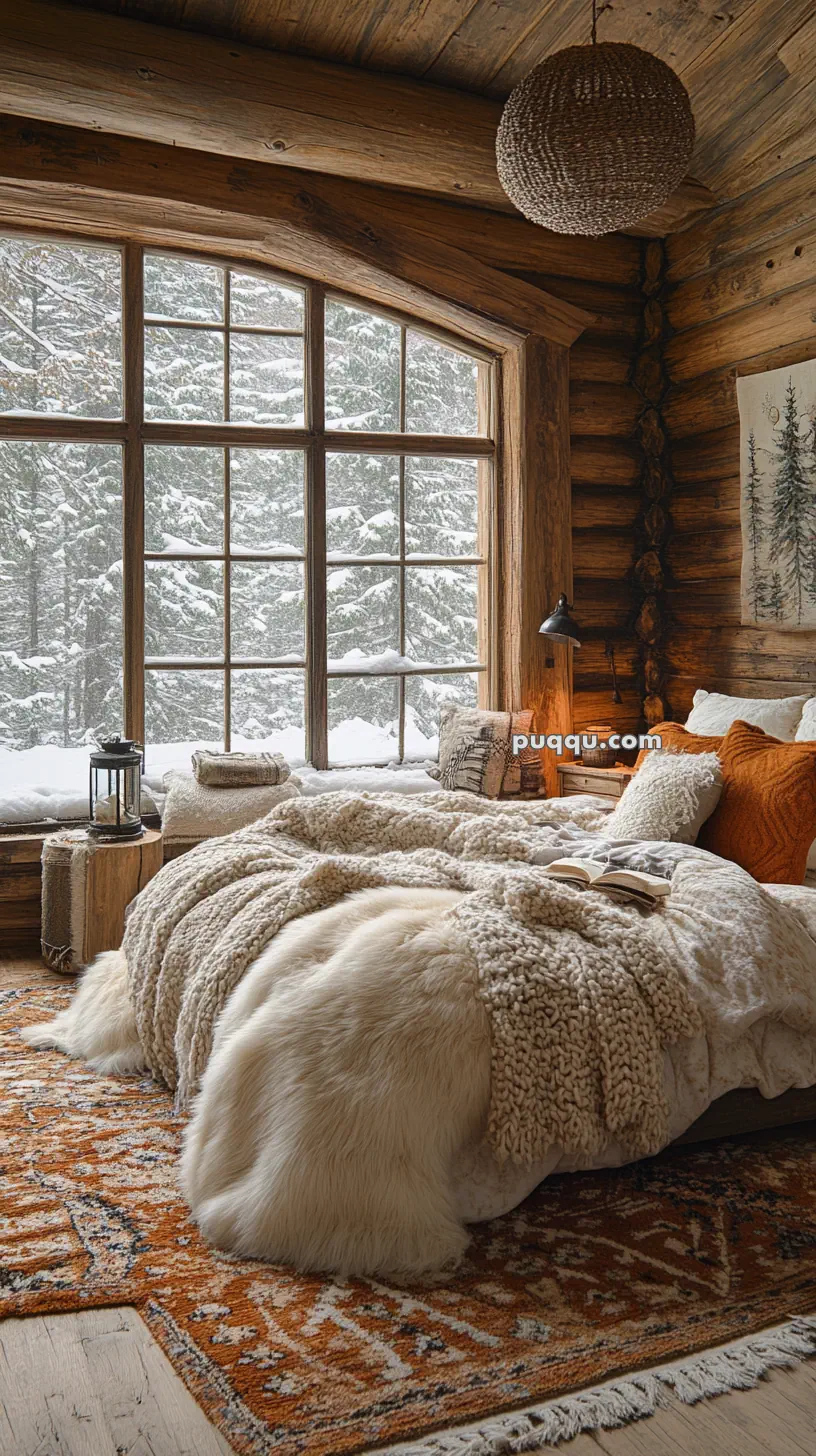 Cozy log cabin bedroom with a large window showing a snowy forest, a fur-covered bed, and warm decorative pillows and blankets.