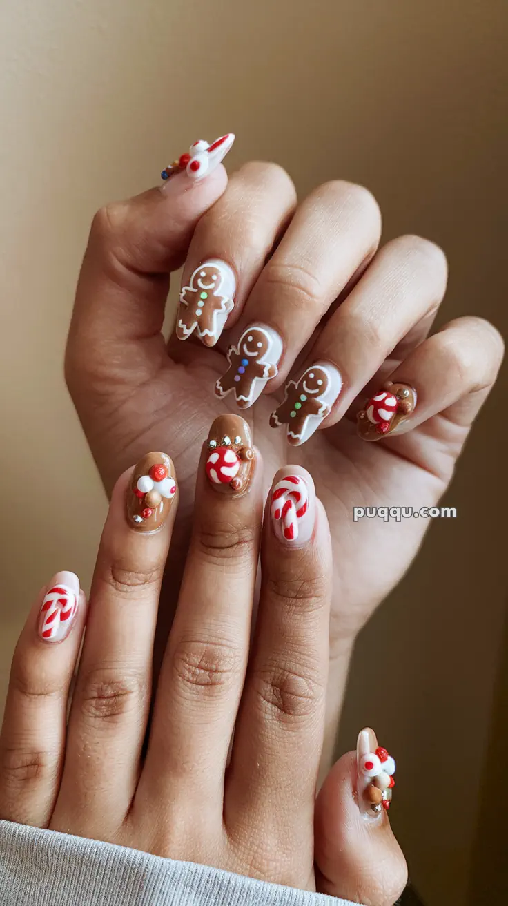 Festive nail art featuring gingerbread men, candy canes, and 3D decorations on a woman's hands.