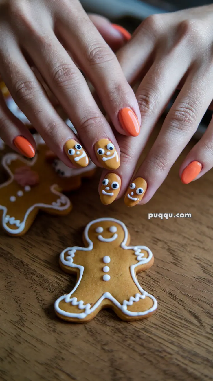 Hands with gingerbread-themed nail art and cookies on a wooden surface.