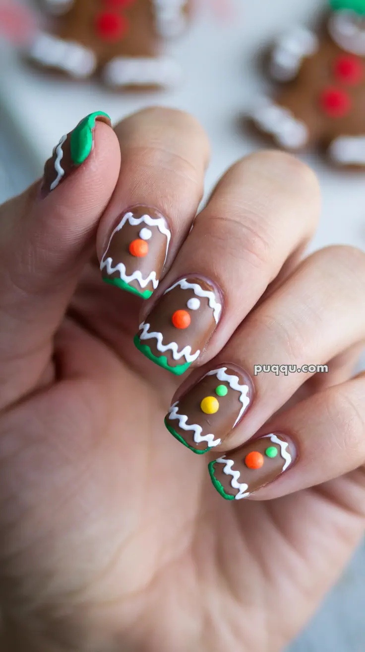 Nail art with gingerbread man design featuring brown base, white icing-like lines, and colorful buttons.