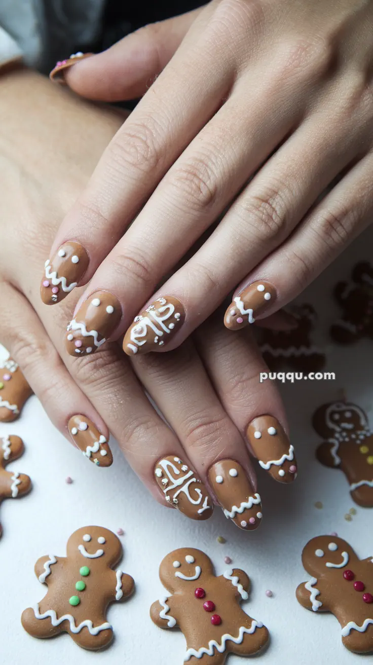 Hands with gingerbread-themed nail art surrounded by gingerbread-shaped decorations.