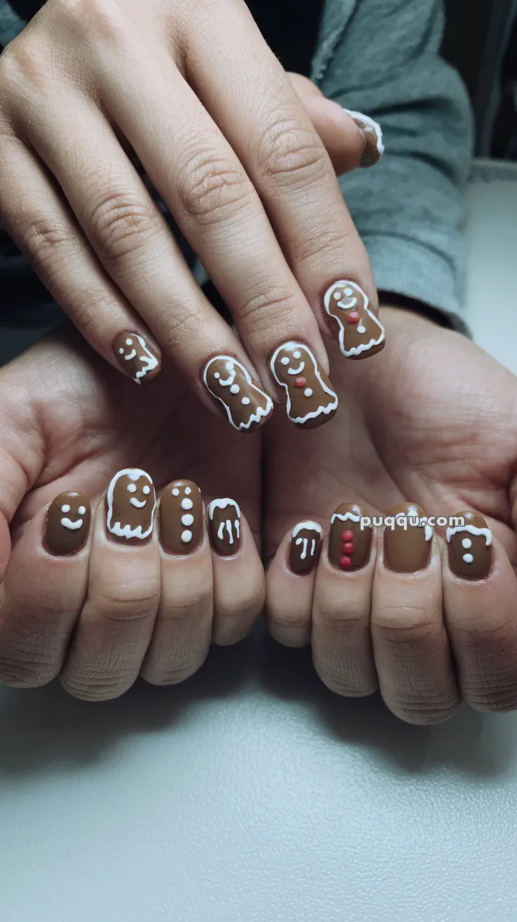 Brown nails with gingerbread man designs, featuring white and red accents.