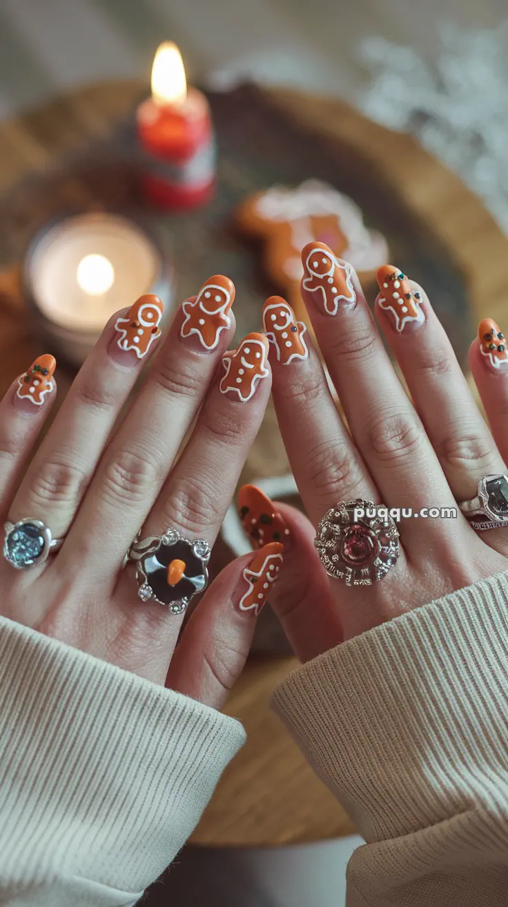 Hands with gingerbread man nail art and decorative rings, background with lit candles and blurred gingerbread cookies.