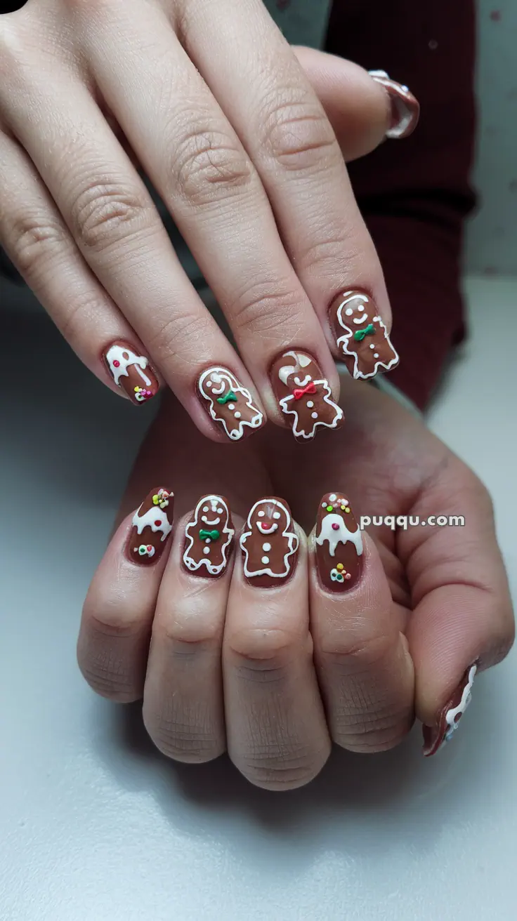 Fingernails with gingerbread man-themed nail art, featuring brown polish and colorful 3D details.