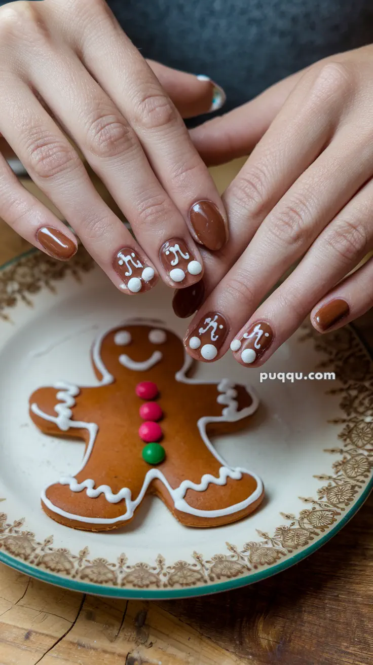 Hands with gingerbread-themed nail art beside a gingerbread cookie on a decorative plate.