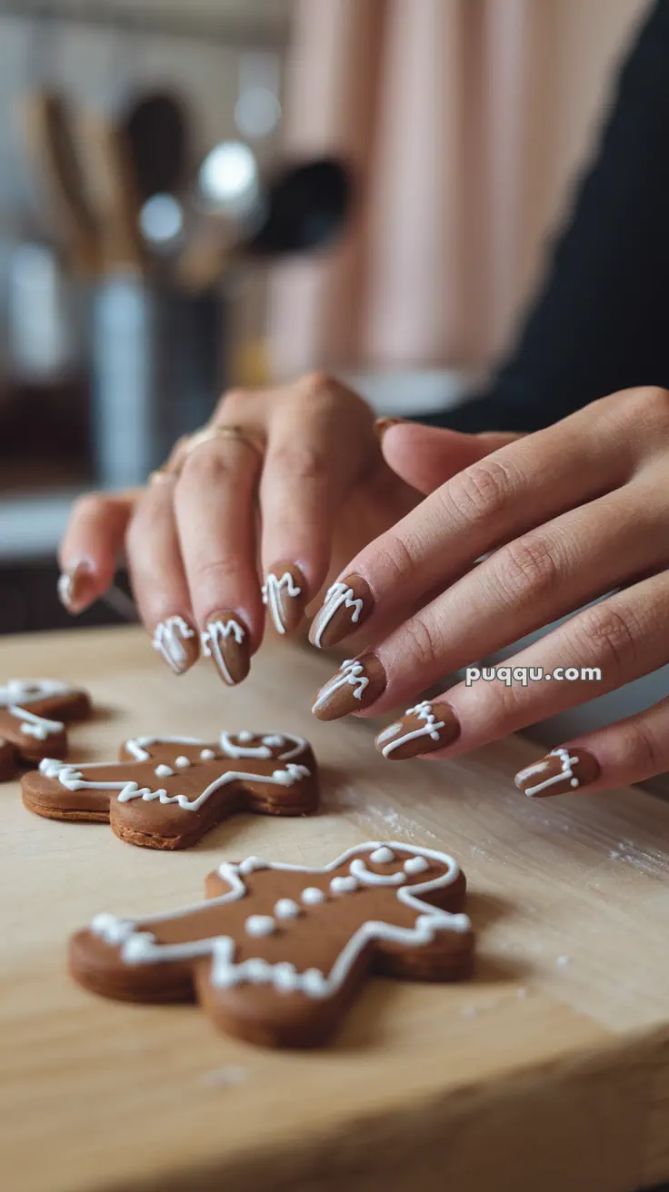 Hands with gingerbread-themed nail art next to decorated gingerbread cookies on a wooden surface.