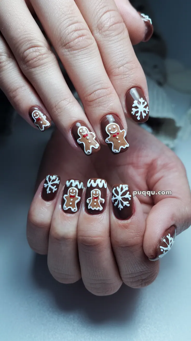 Hands with brown nail polish featuring white snowflake designs and gingerbread men.