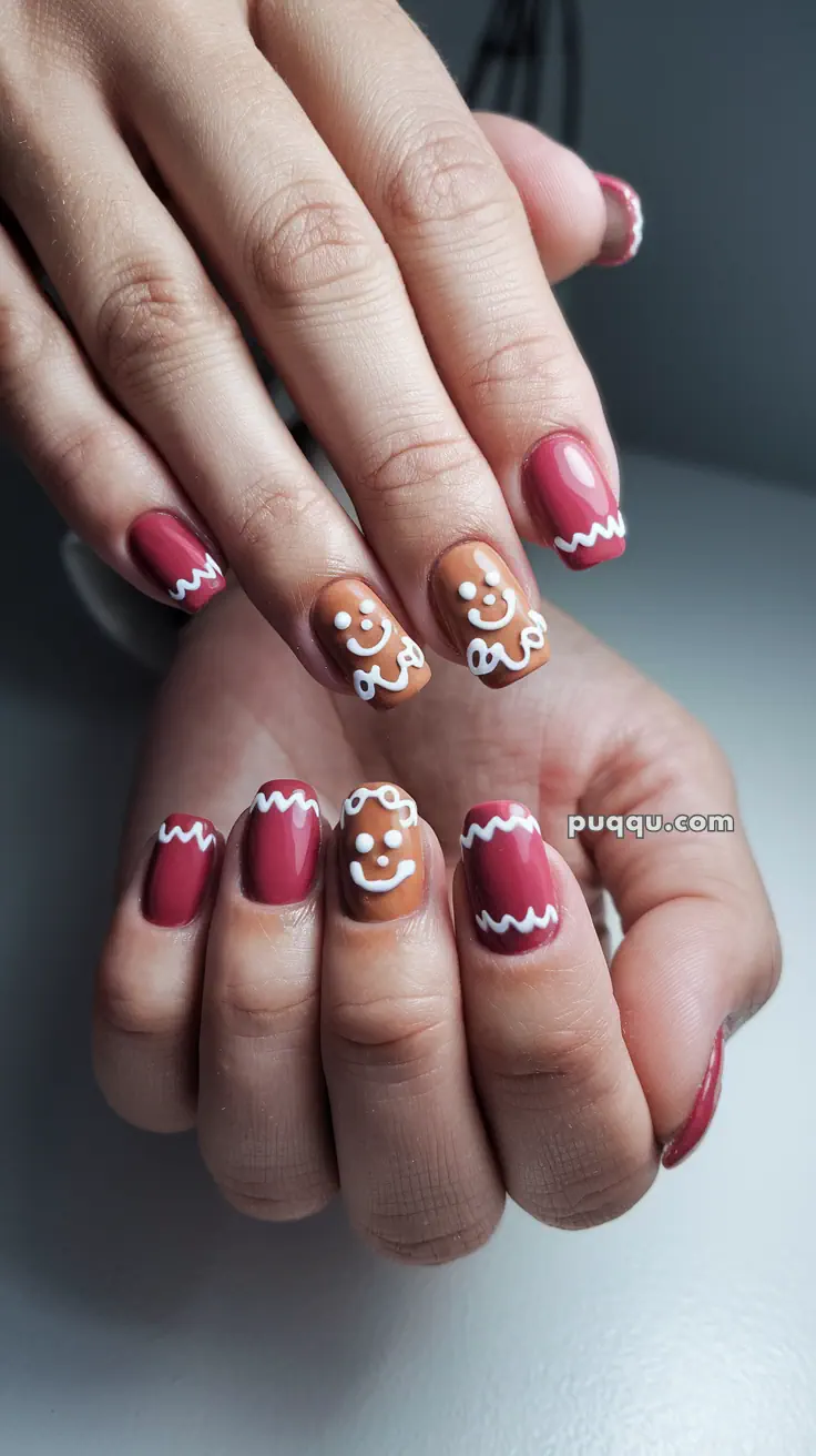 Close-up of hands with festive nail art featuring gingerbread man faces and wavy white designs on brown and red nail polish.