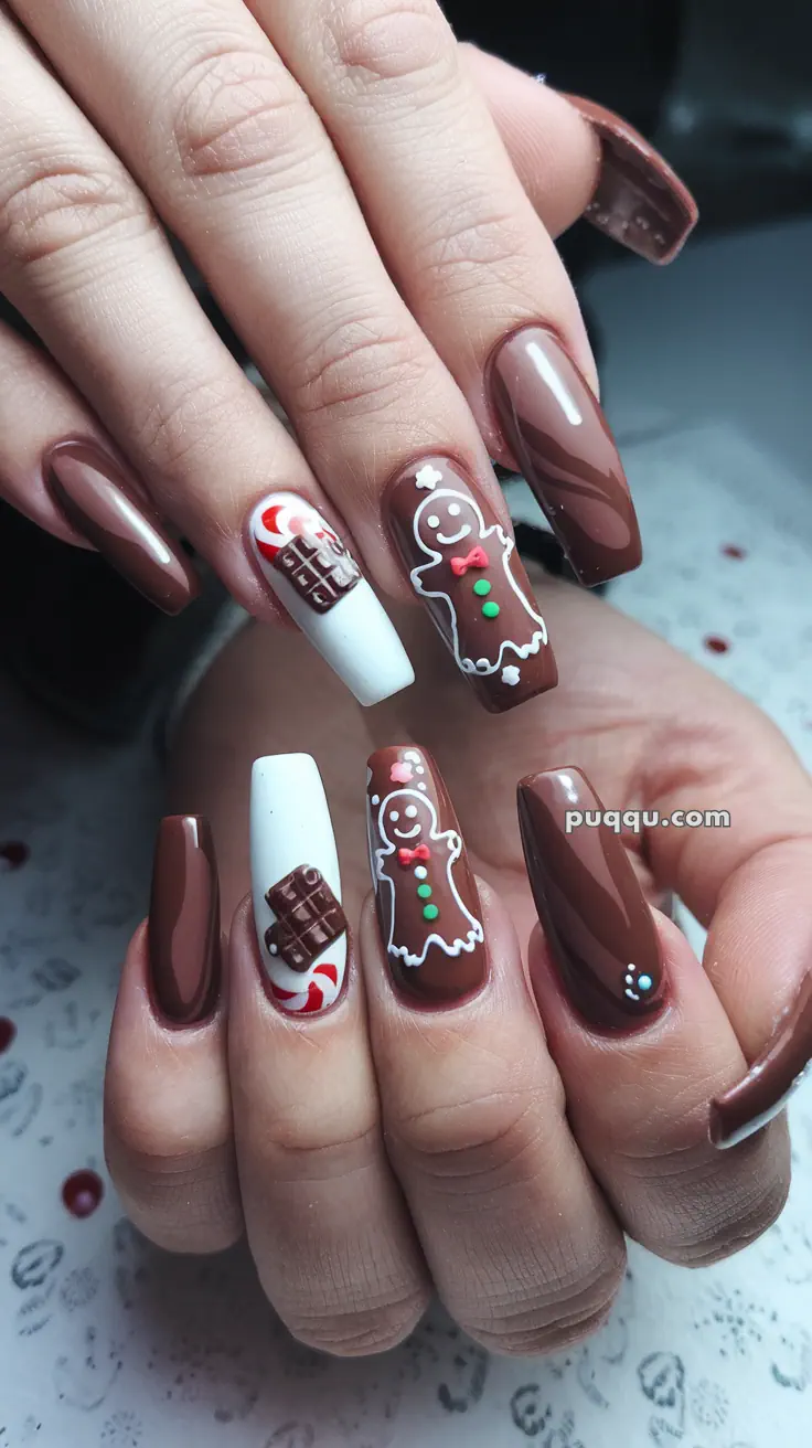 Close-up of a hand with brown-themed Christmas nail art, featuring designs of gingerbread men, candy canes, and chocolate bars on long, square-shaped nails.