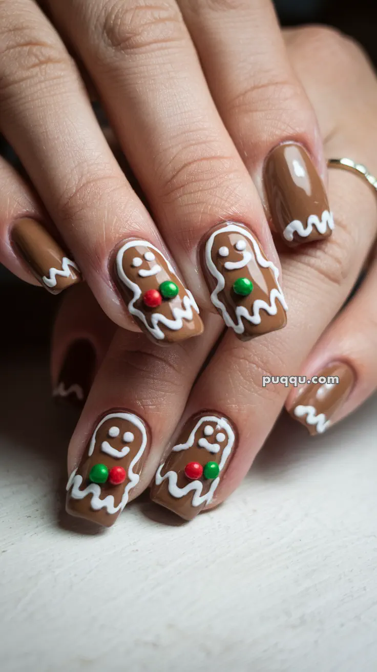 Brown nails with gingerbread man designs outlined in white and decorated with green and red dots.