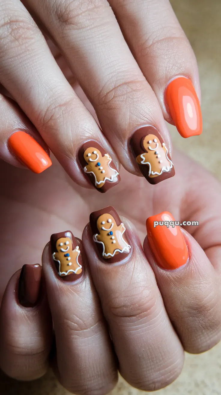 Nails with orange polish and brown accents featuring gingerbread man designs.