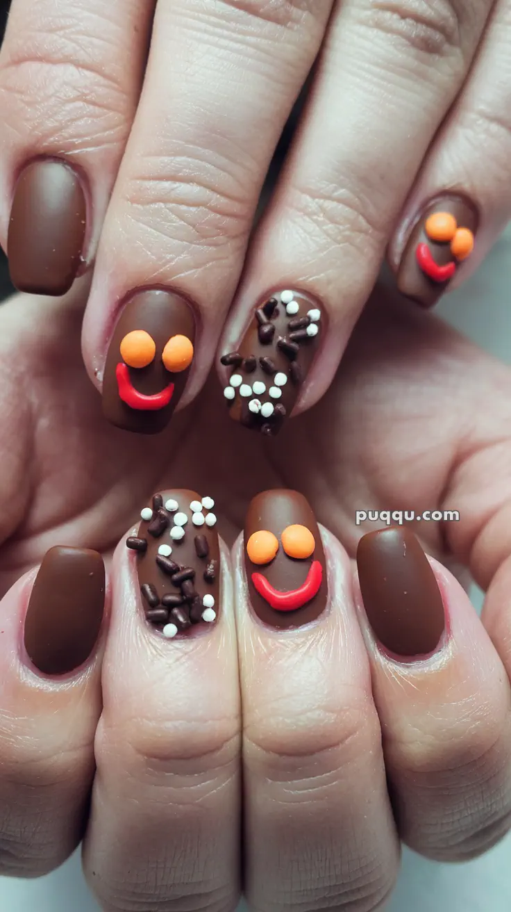 Brown matte nail art with smiley faces and sprinkle-like decorations.