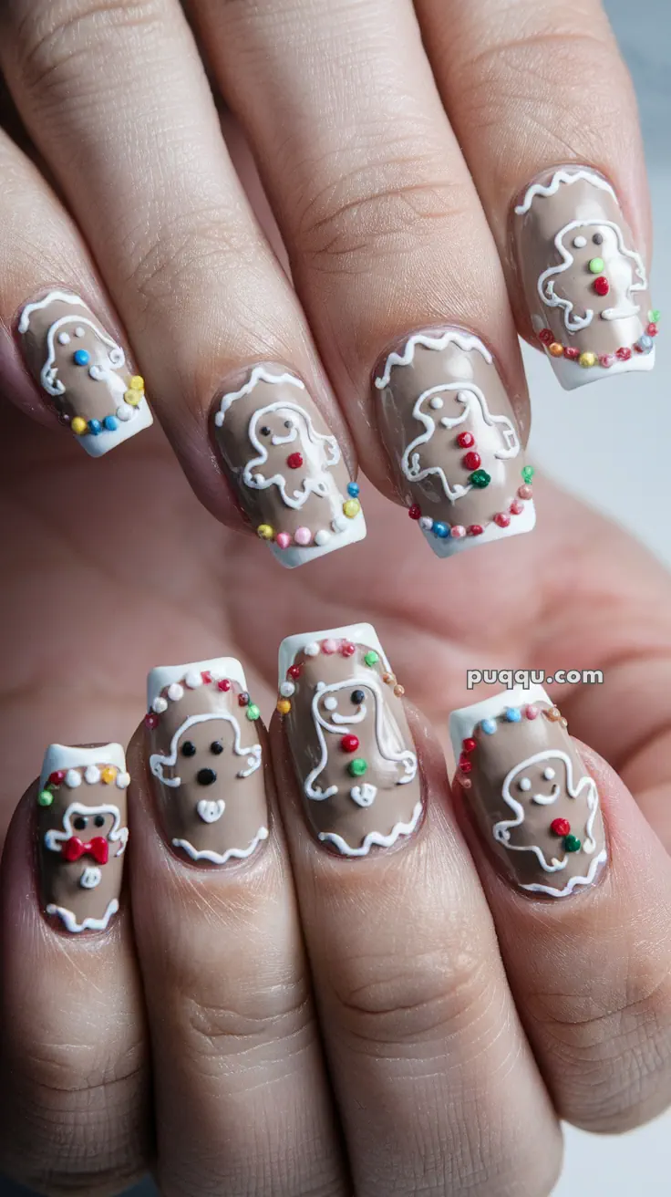 Nails with gingerbread man designs and colorful beads on a brown base.