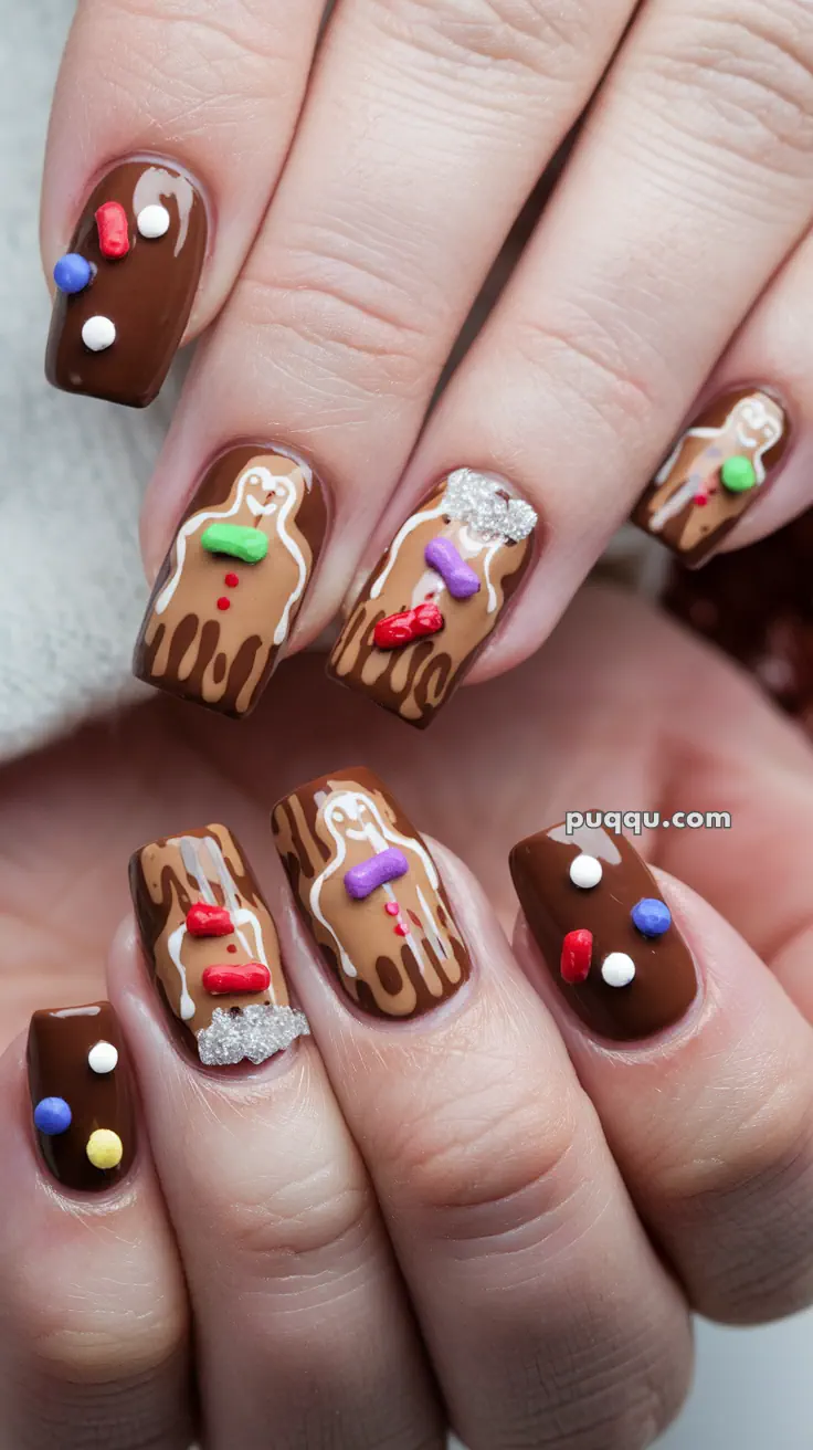 Brown nail art featuring gingerbread men designs and colorful embellishments.