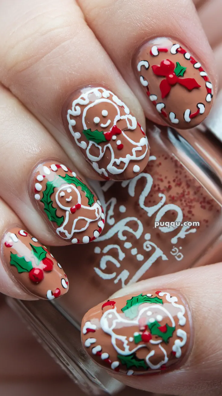 Festive nail art with gingerbread men, holly leaves, and candy cane patterns.