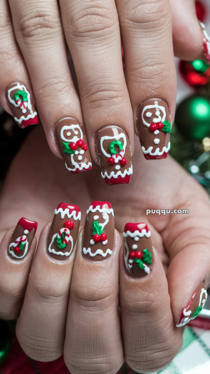 Fingers with gingerbread-themed holiday nail art featuring gingerbread men, holly, and candy canes.