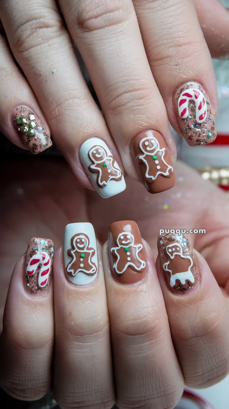 Festive nail art with gingerbread men, candy canes, and glitter accents.