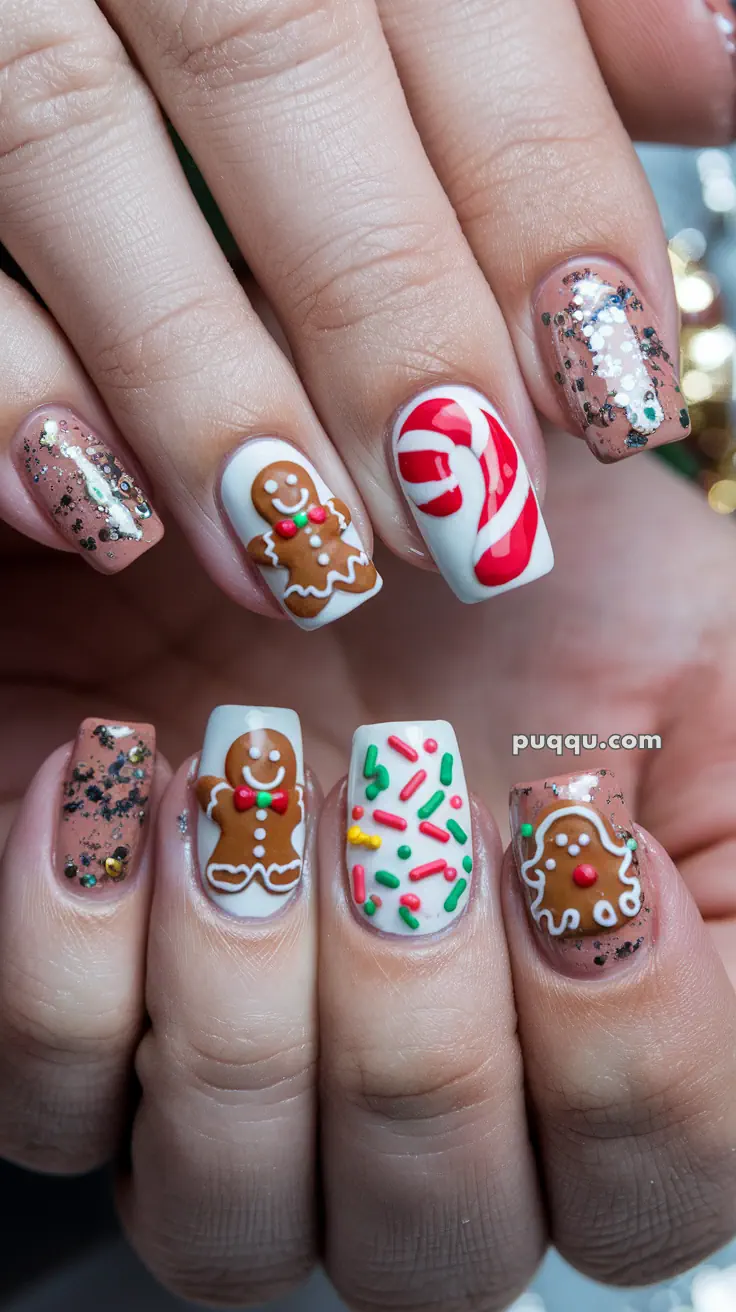 Close-up of festive nail art featuring gingerbread men, a candy cane, sprinkles, and glitter accents.