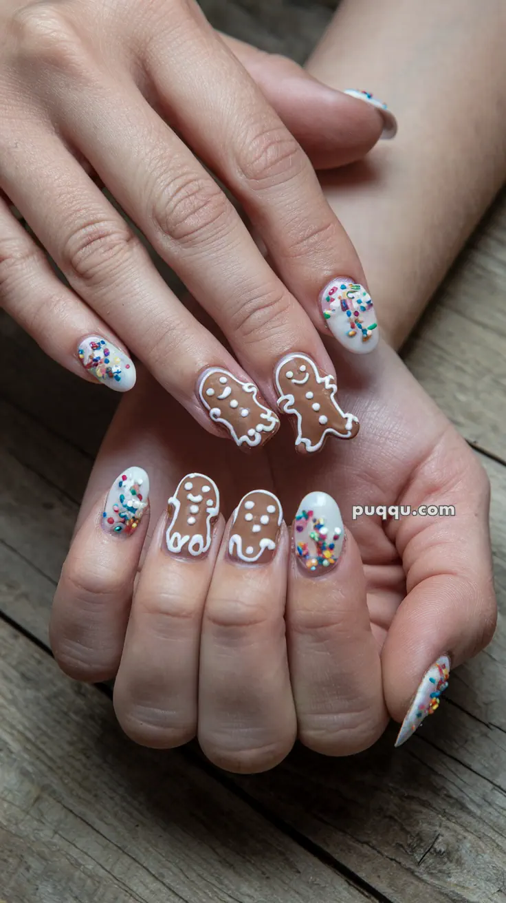 Hands with nail art featuring gingerbread men and colorful sprinkles on a wooden surface.