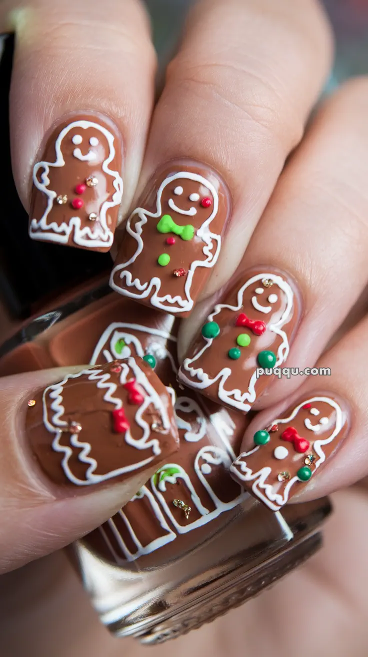 Fingernails with gingerbread man nail art, featuring brown polish with white outlines and colorful decorations.