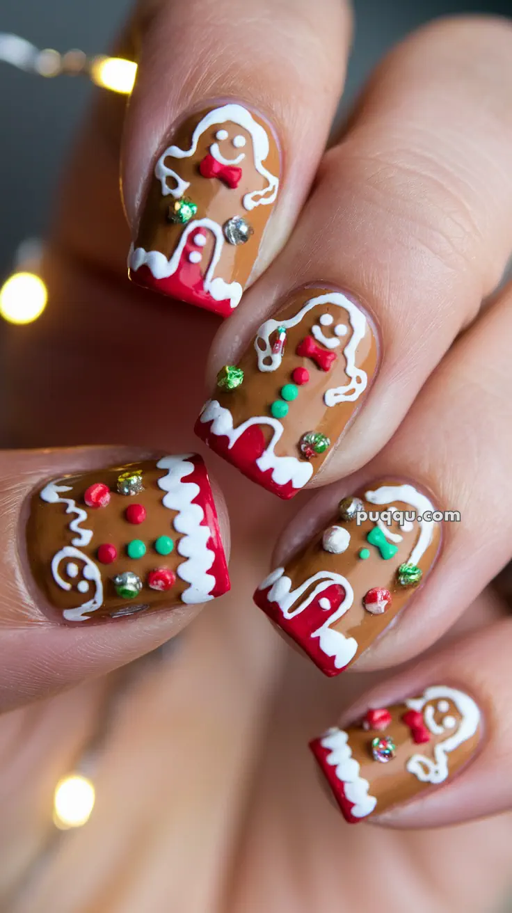 Close-up of festive nail art featuring gingerbread men designs with colorful accents and detailing.