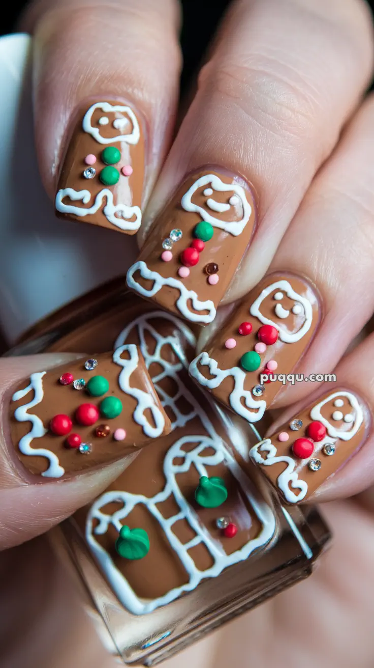 Brown nails decorated with gingerbread men and houses using white icing-like lines and colorful bead accents.