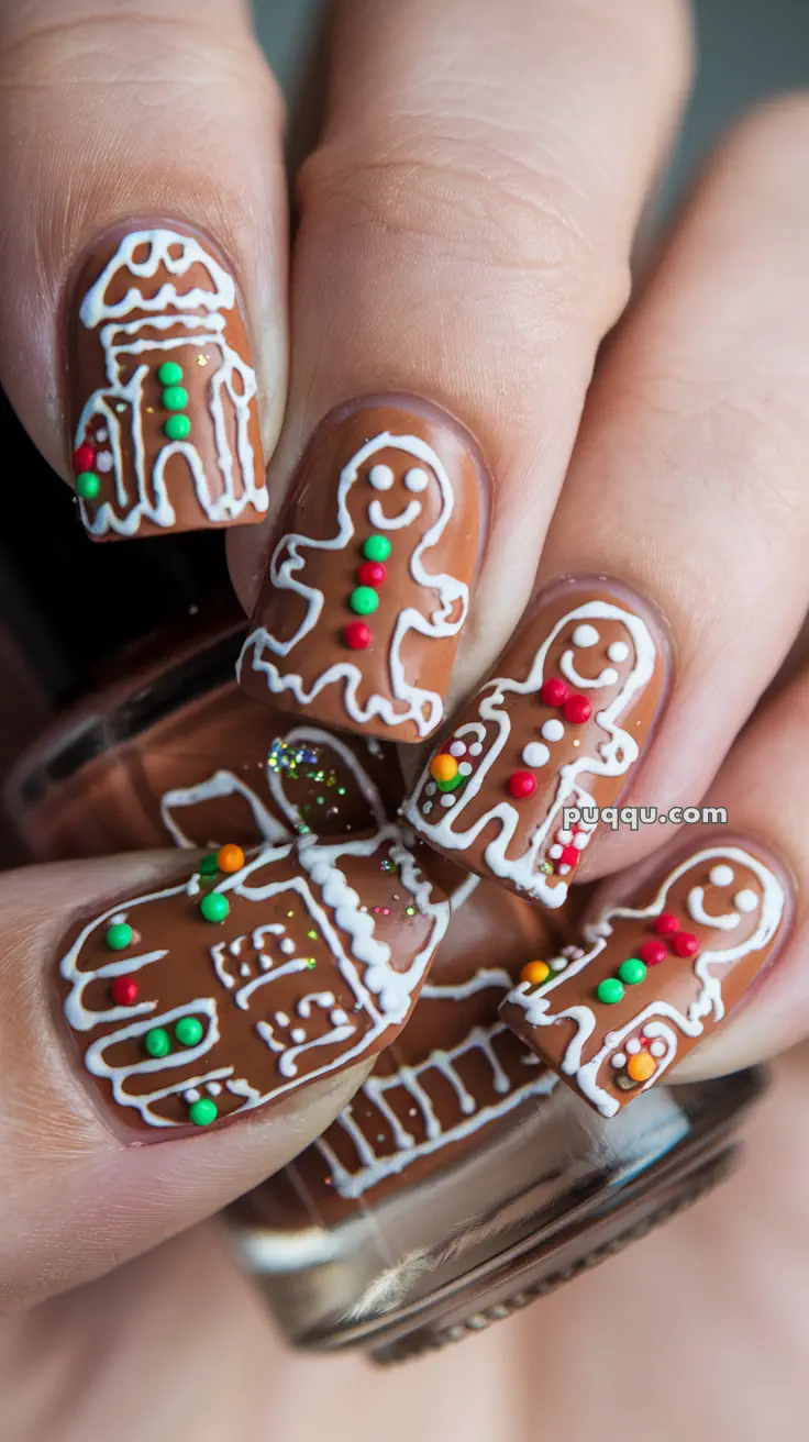 Brown nail art featuring gingerbread men and houses with white icing designs and colorful dots.