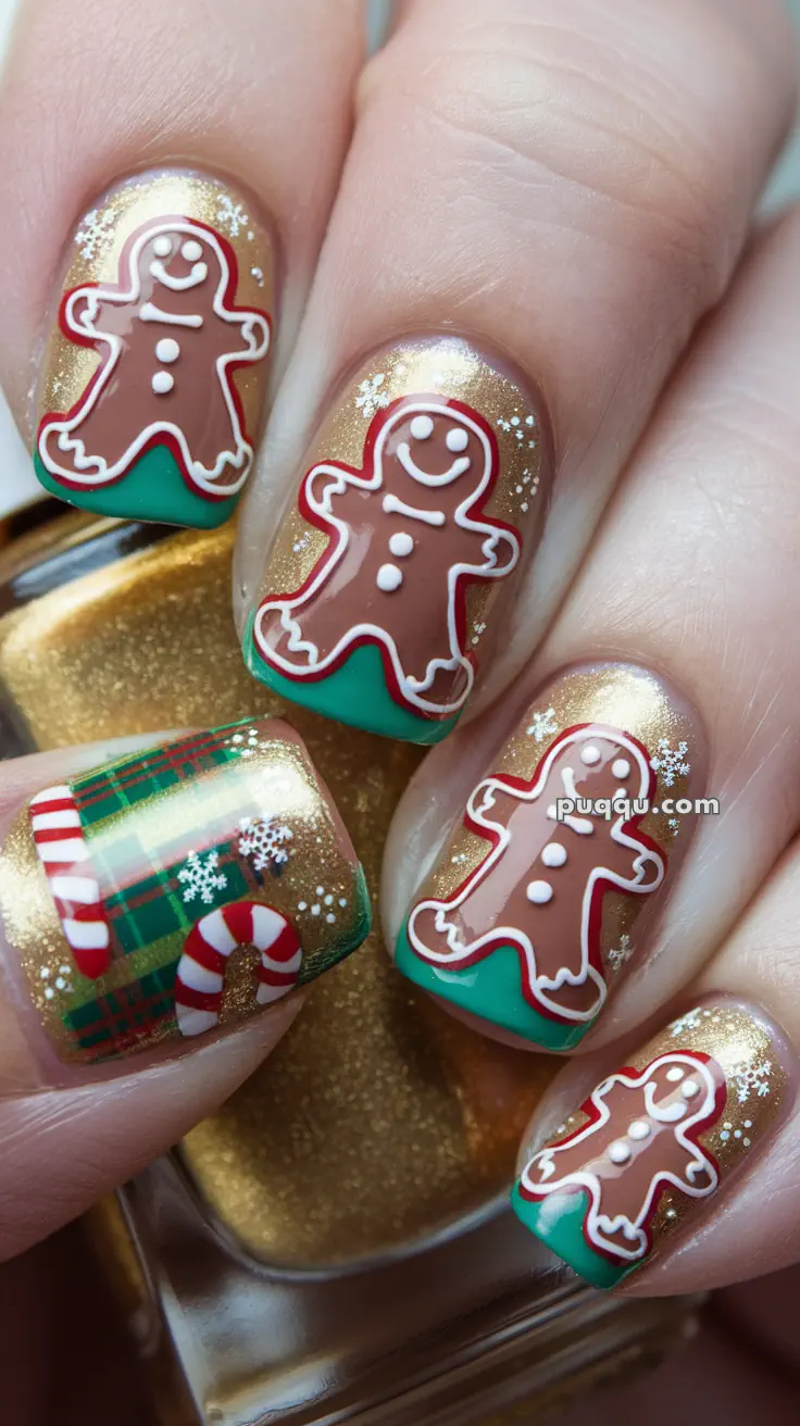 Fingernails with Christmas-themed nail art including gingerbread men, snowflakes, and candy canes on a gold and green background.