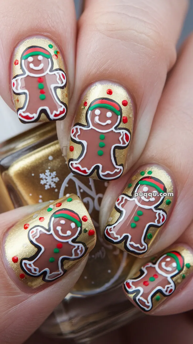 Gold nail polish with gingerbread man designs and red and green dots.