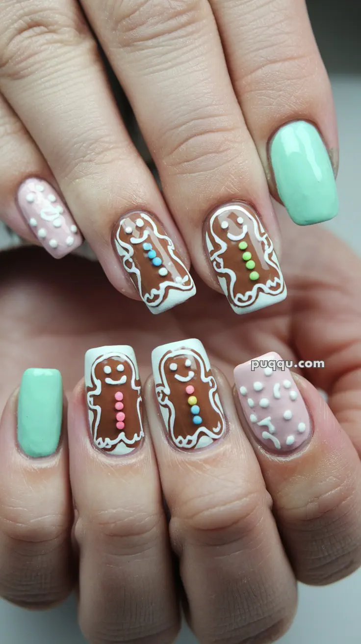 Nails with gingerbread men design, featuring pastel pink and mint green accents.