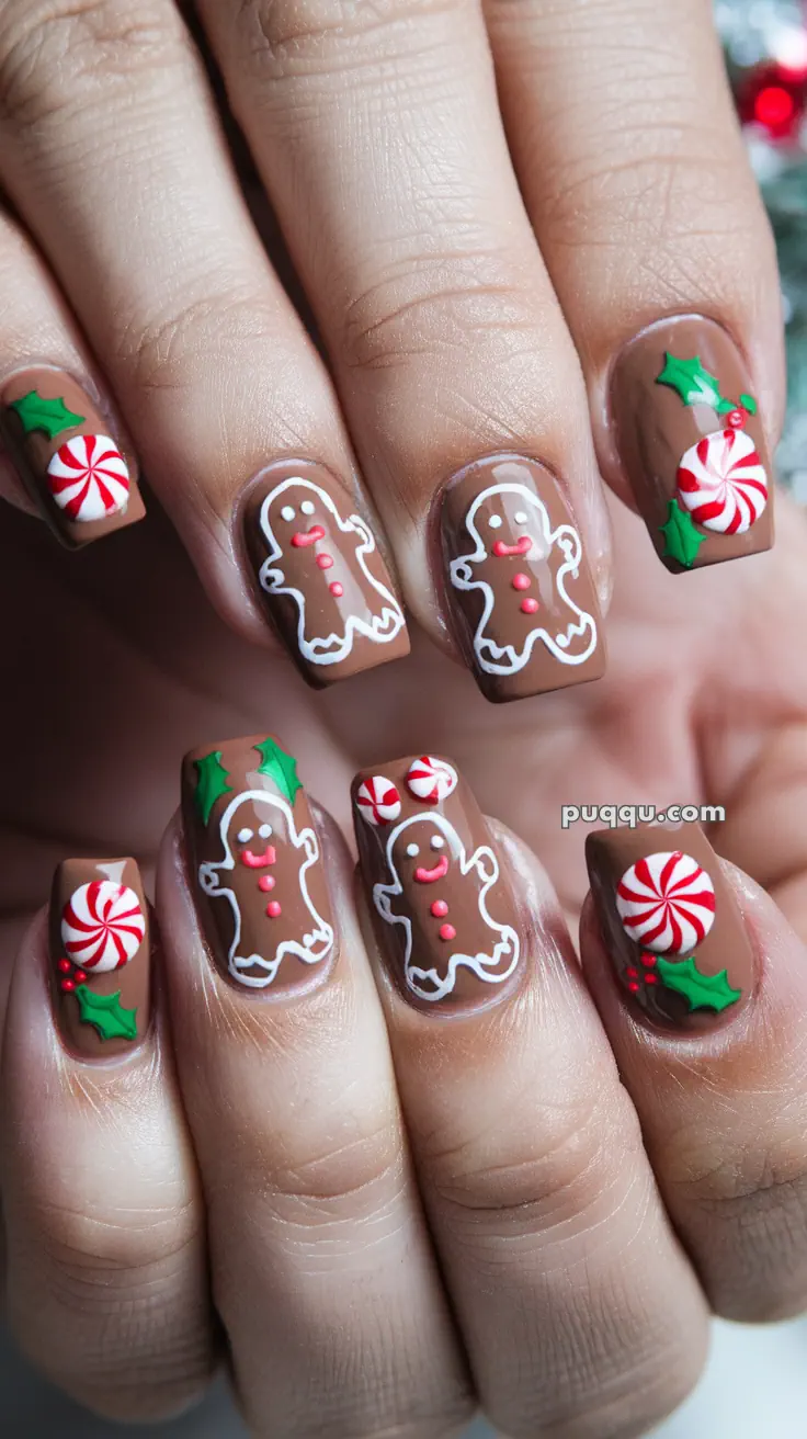 Brown nails with gingerbread men, peppermint candies, and holly leaf designs.