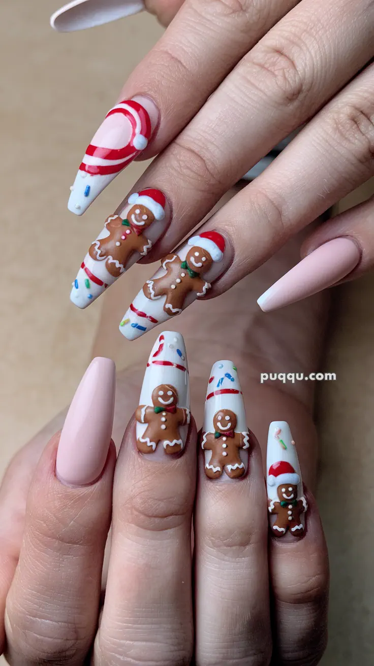 Christmas-themed nail art with gingerbread men, candy canes, and festive decorations.