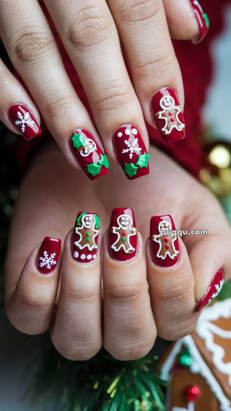 Red Christmas-themed nail art with gingerbread men, snowflakes, and holly designs.