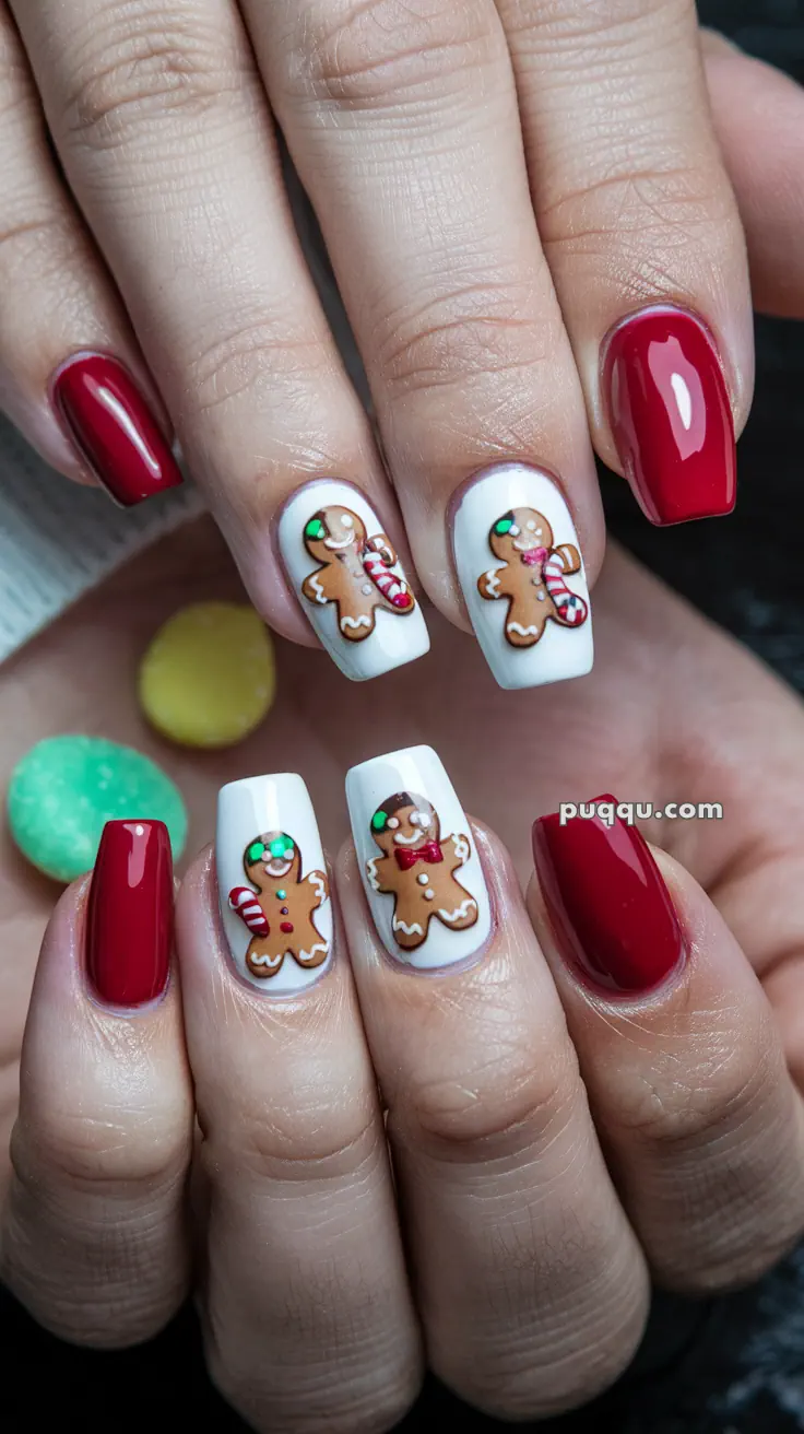 Nails with festive red polish and white accents featuring gingerbread man designs.