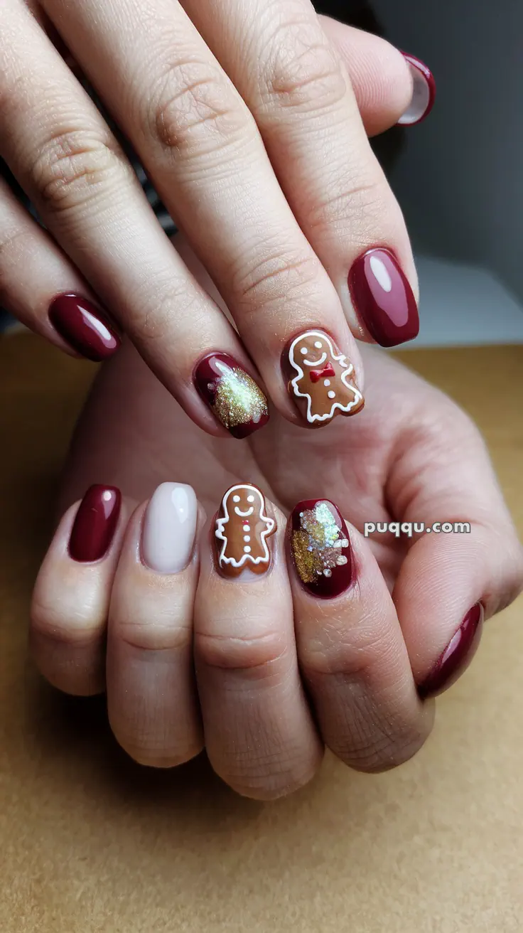 Red manicure with gold glitter accents and gingerbread man nail art.