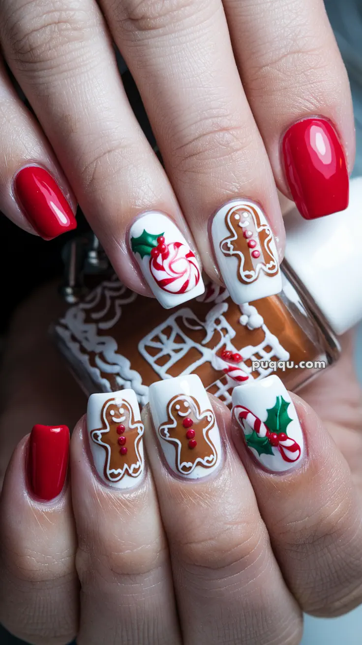 Close-up of festive nail art featuring red polish, gingerbread men, candy canes, and holly designs on a white background.